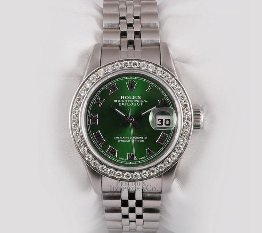 Rolex Ladies Datejust 26mm Stainless Steel Watch-Green Roman Dial-Diamond Bezel