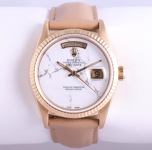 Rolex Men Day-Date 36mm President 18k Gold 18238-White Marble Dial-Brown Leather