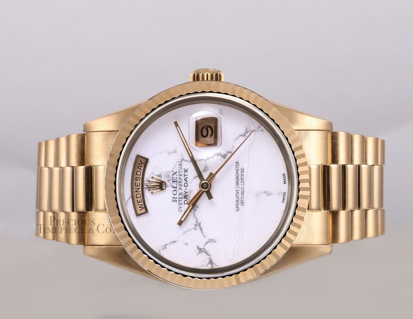 Rolex Men Day-Date 18238 President 18k Yellow Gold 36mm Watch-White Marble Dial