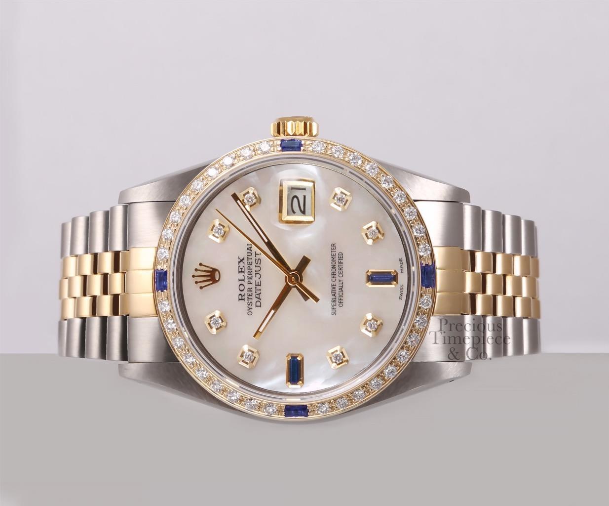 Rolex Datejust Two Tone Steel 18k Sapphire Diamond Bezel-White MOP Diamond Dial