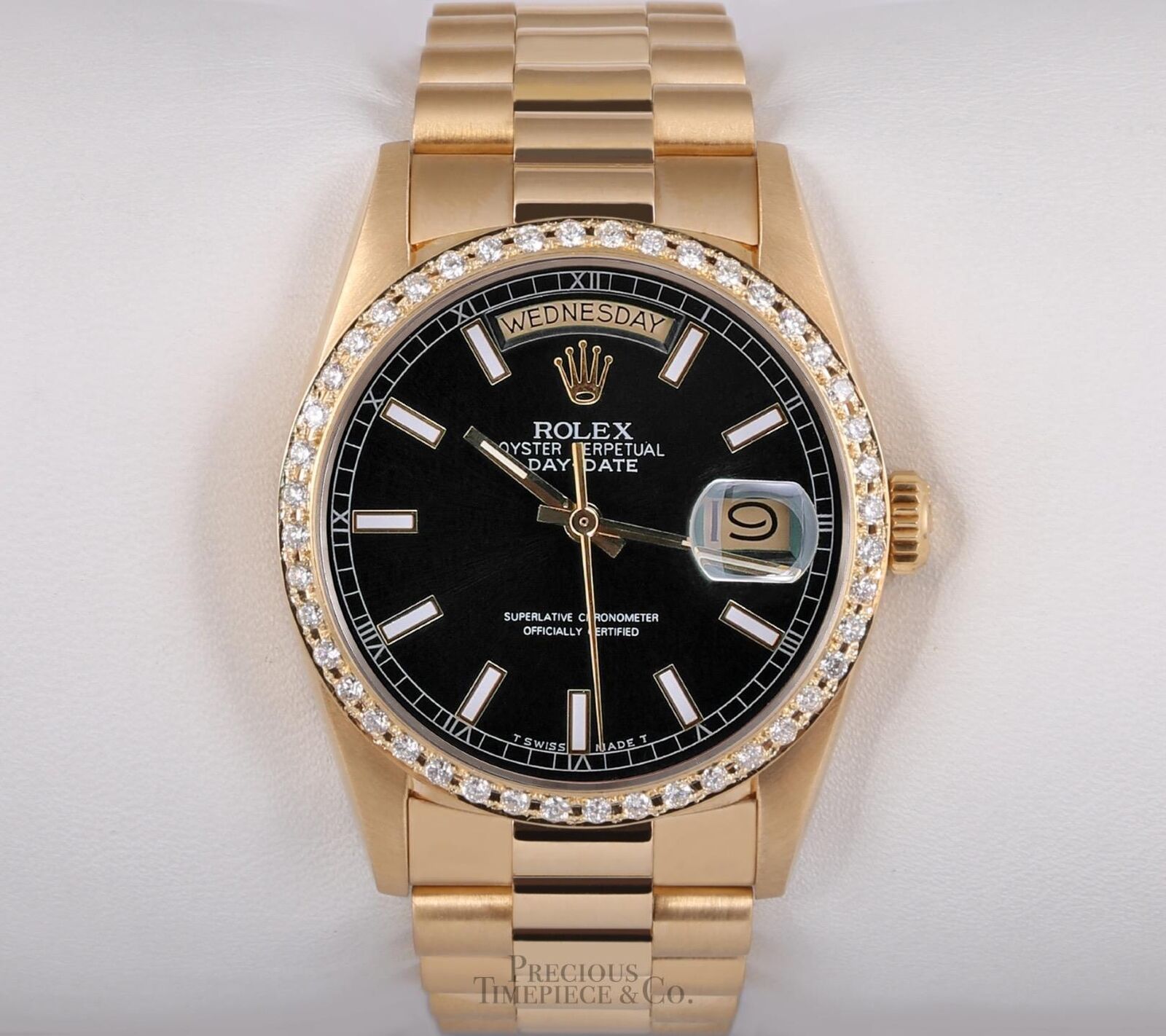 Rolex Day-Date 18038 Presidential 18k Gold Diamond Bezel 36mm-Black Stick Dial