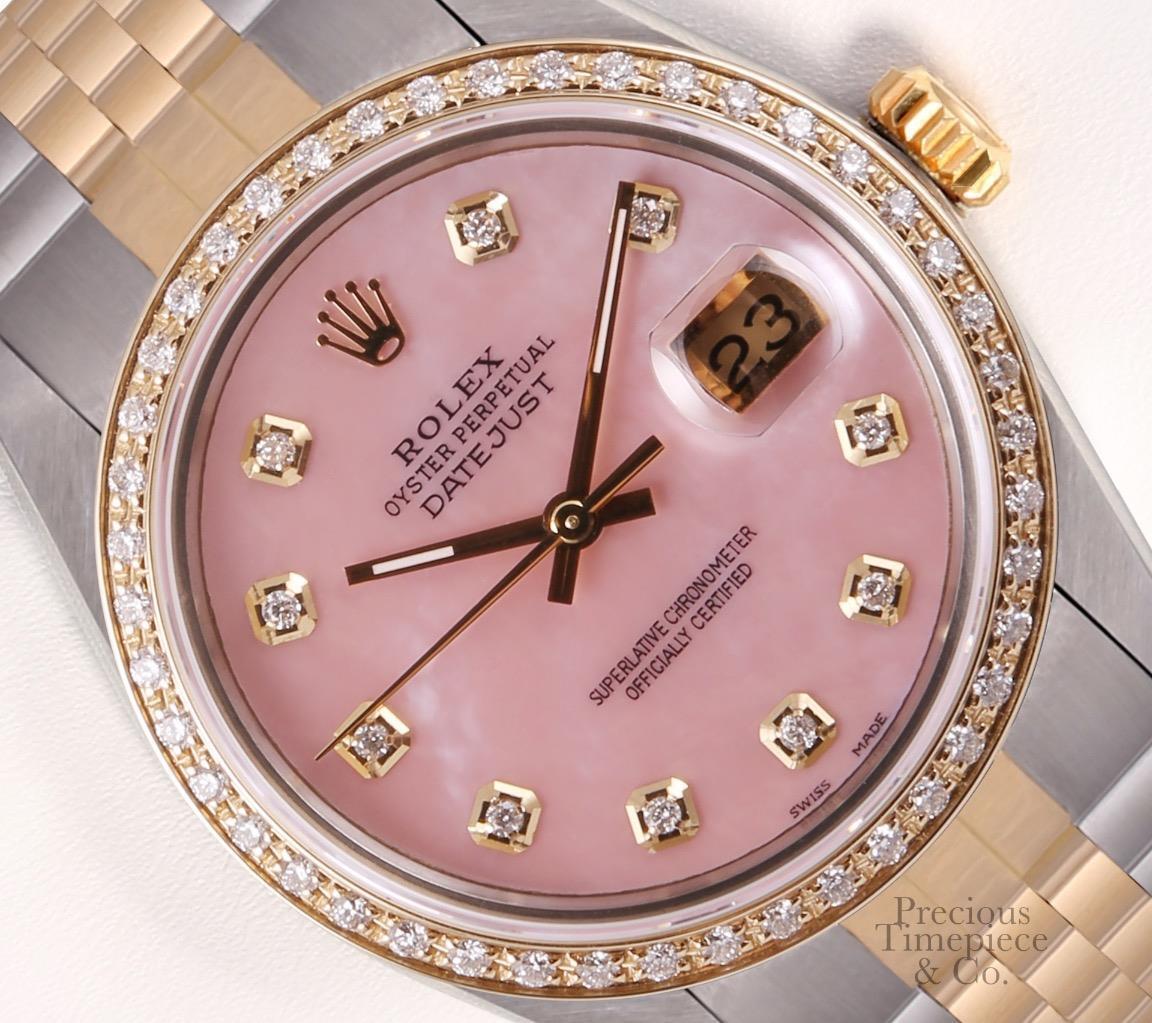 Rolex Datejust 2 Tone 36mm SS/ 18k Diamond Bezel Watch-Pink MOP Diamond Dial-BOX