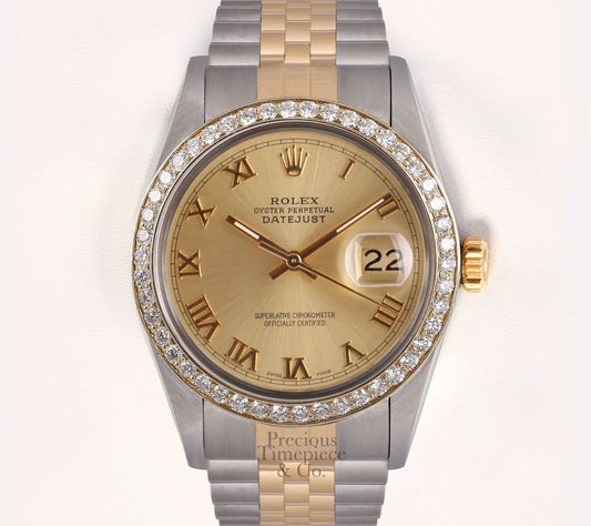 Rolex Men Datejust Two Tone 36mm Steel & 18k Diamond Bezel Champagne Roman Dial