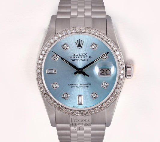 Rolex Datejust Stainless Steel 36mm Watch-Ice Blue Diamond Dial-Diamond Bezel