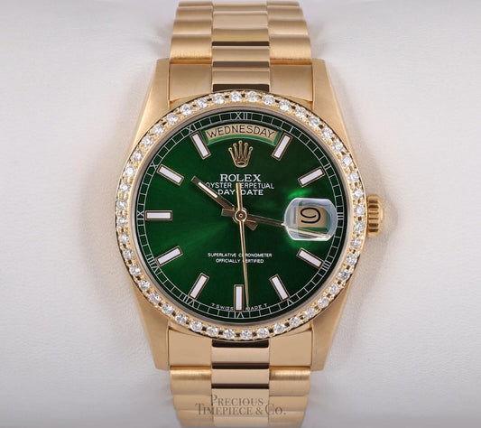 Rolex Day-Date 18238 Presidential 18k Gold Diamond Bezel 36mm-Green Stick Dial