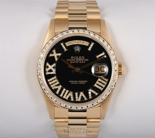 Rolex Day-Date 18238 President 18k Gold-Black Roman Diamond Dial-Diamond Bezel