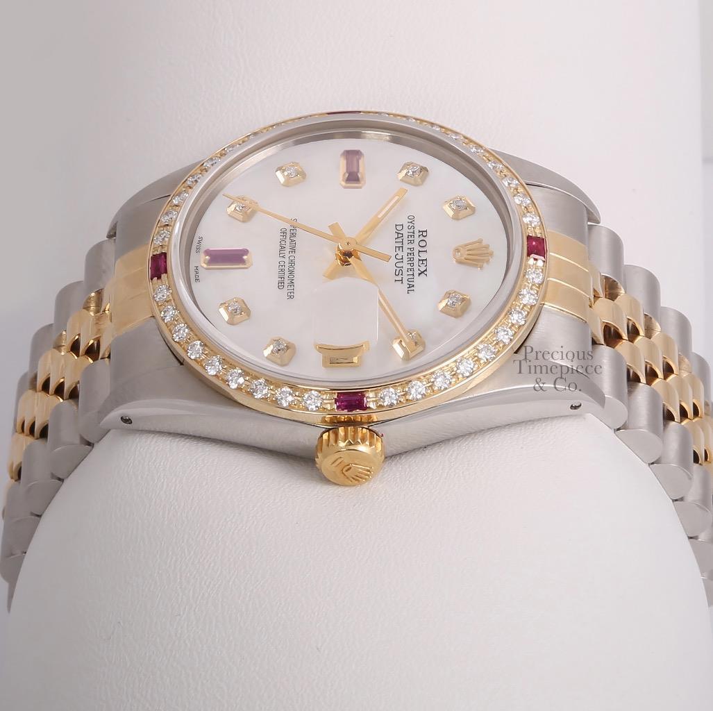 Rolex Men Datejust 36mm Two Tone SS/18k Ruby Diamond Bezel-White MOP Ruby Dial