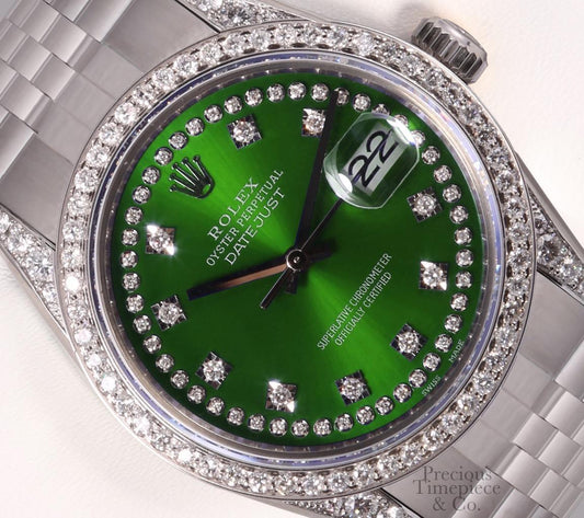 Rolex Datejust S/Steel 36mm-Green String Diamond Dial-Diamond Lugs-Diamond Bezel