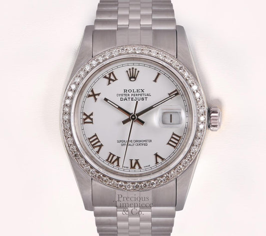 Rolex Men Datejust 36mm Watch Stainless Steel 18k Diamond Bezel-White Roman Dial