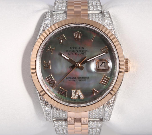 Rolex Datejust 116231 18k Rose Gold Fully Iced Out Black MOP Dial Fluted Bezel