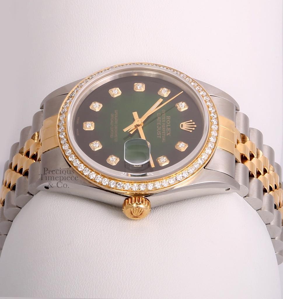 Rolex Datejust Two Tone 36mm Steel 18k Diamond Bezel-Green Vignette Diamond Dial