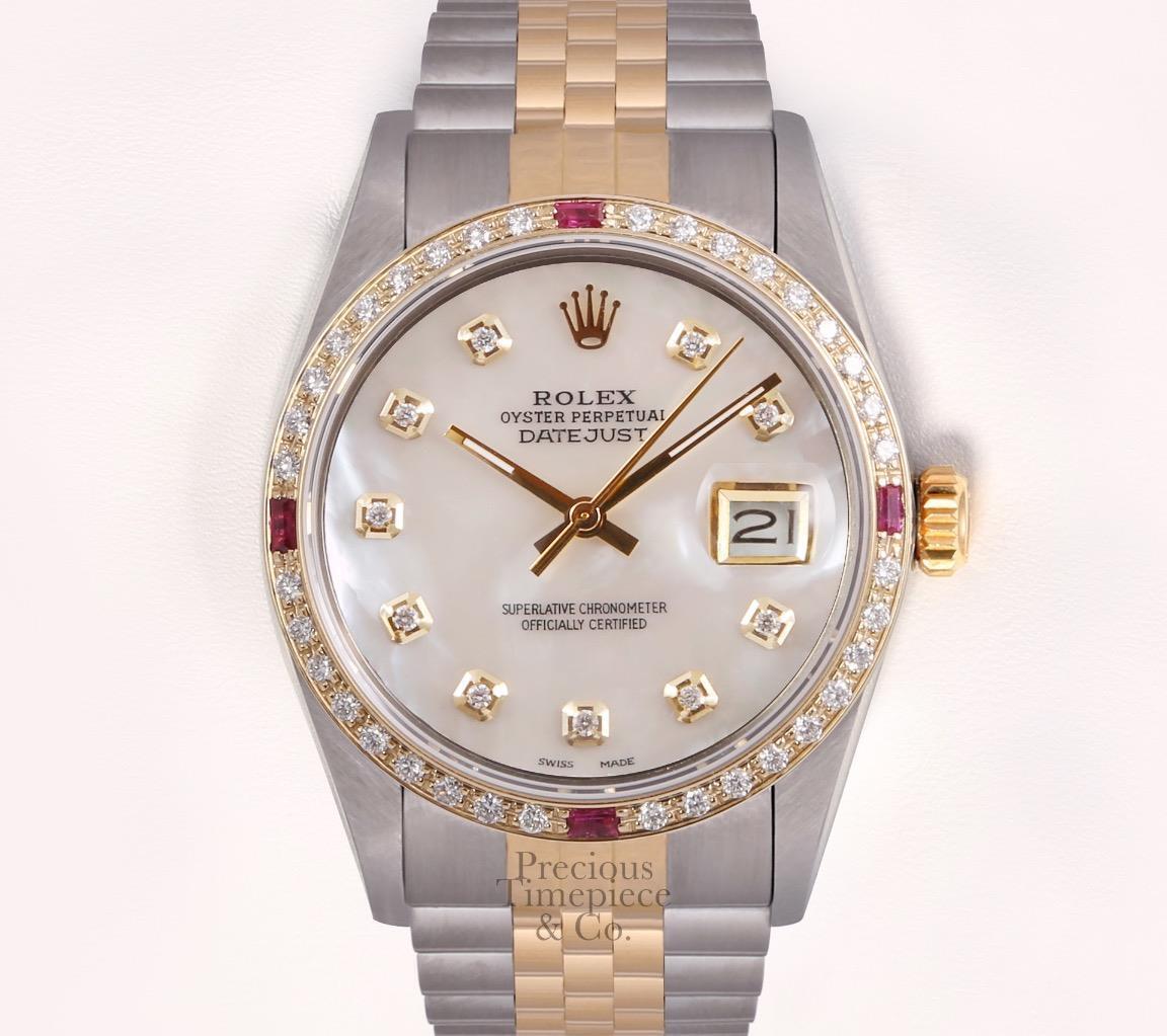 Rolex Datejust 36mm Two Tone Steel 18k Ruby/Diamond Bezel-White Diamond MOP