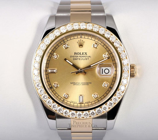 Rolex Datejust II 41mm 116333 TT/SS 18k 3CT Diamond Bezel Champagne Diamond Dial