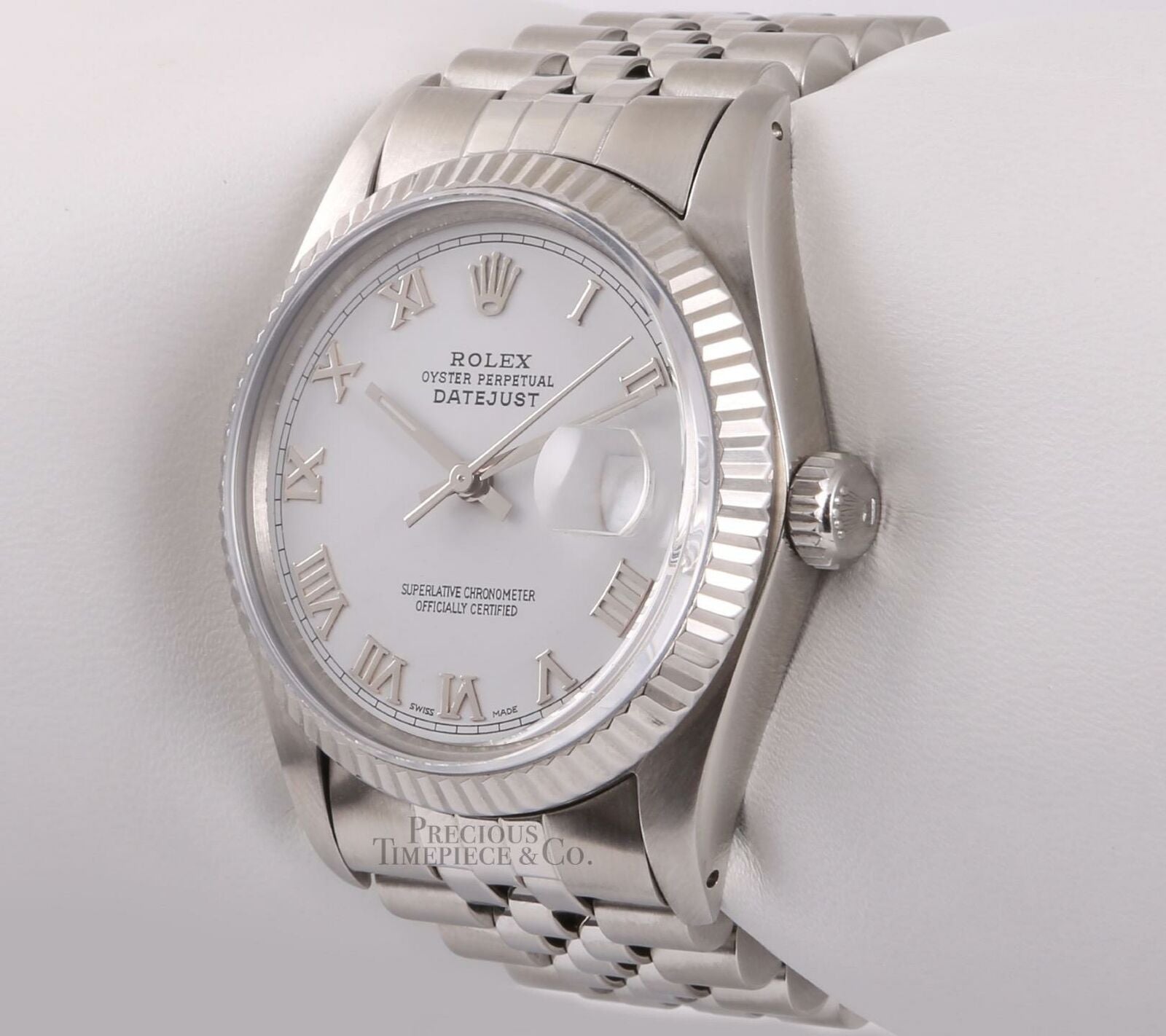 Rolex Men Datejust 36mm Stainless Steel Watch 18k Fluted Bezel-White Roman Dial