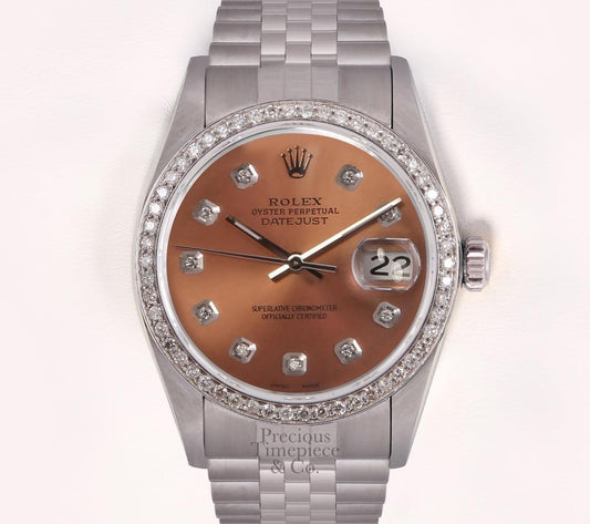 Rolex Datejust Stainless Steel 36mm Watch-Salmon Diamond Dial-18k Diamond Bezel