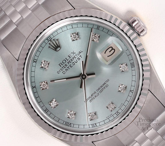 Rolex Men Datejust 36mm Steel 18k Fluted Bezel Watch-Ice Blue Diamond Dial