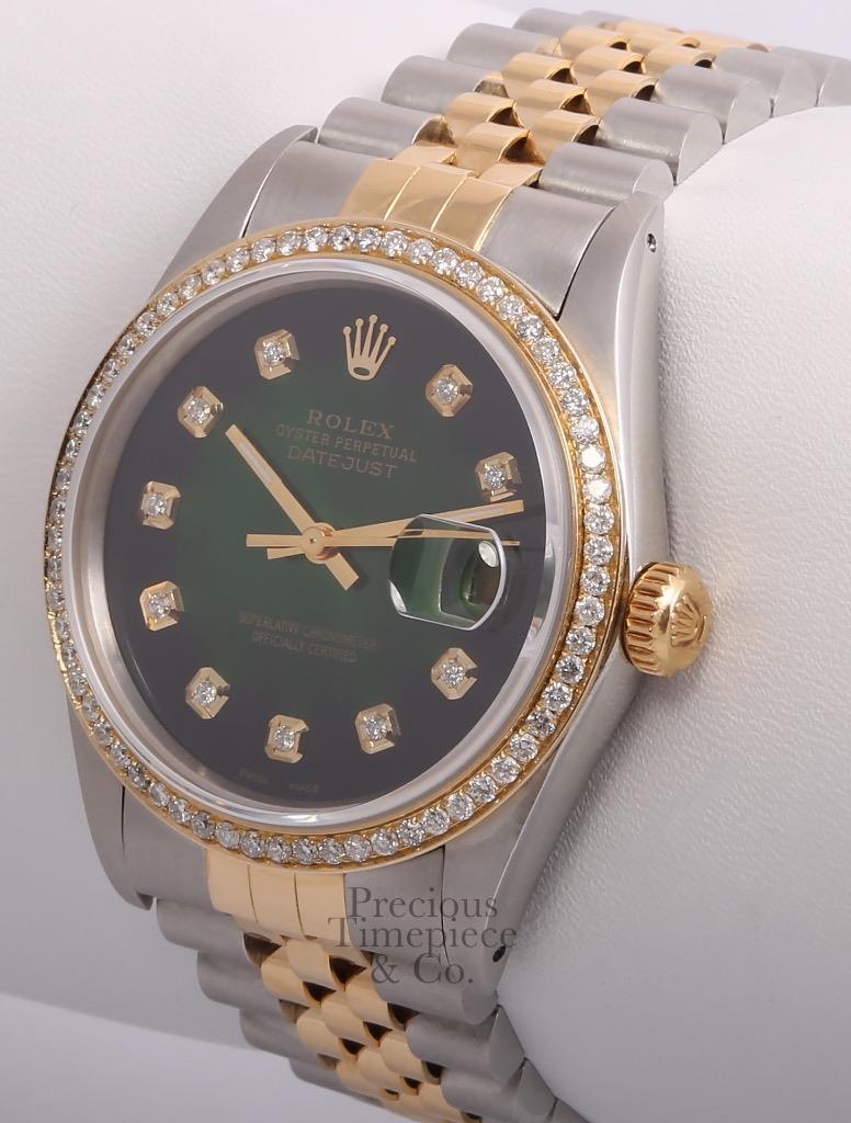 Rolex Datejust Two Tone 36mm Steel 18k Diamond Bezel-Green Vignette Diamond Dial