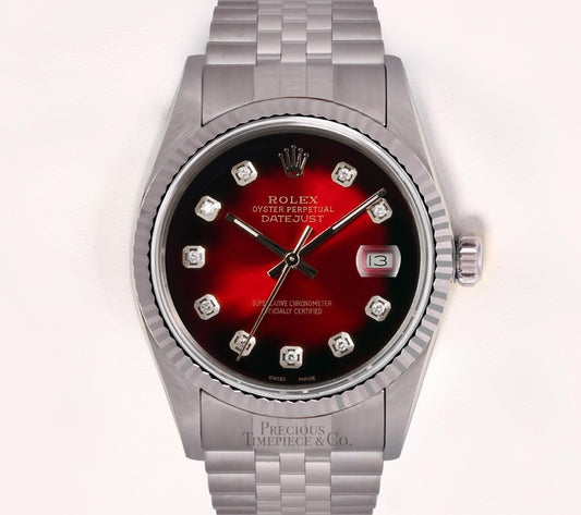 Rolex Datejust Stainless Steel 36mm 18k Fluted Bezel-Red Vignette Diamond Dial