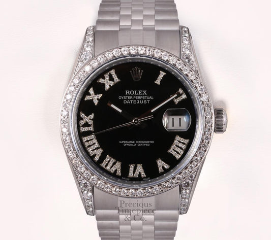 Rolex Datejust S/Steel 36mm Watch-Black Diamond Roman Dial-Diamond Lug & Bezel