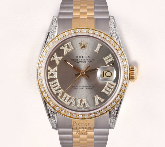 Rolex Datejust 36mm TT 18k/SS Diamond Lugs-Diamond Bezel-Gray Diamond Roman Dial