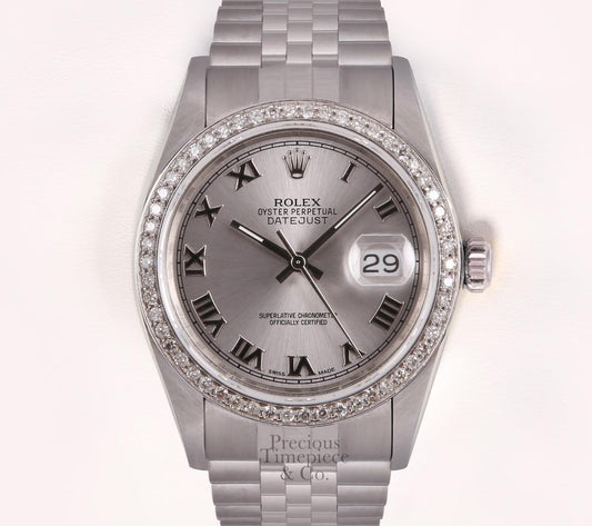 Rolex Datejust Stainless Steel 18k Diamond Bezel 36mm Watch-Silver Roman Dial