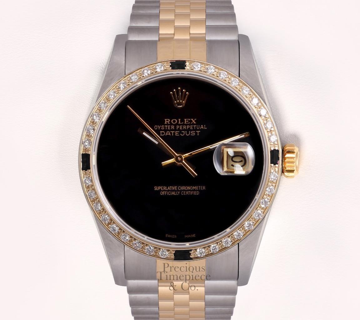 Rolex Datejust Two Tone 36mm Watch 18k Black Gemstone & Diamond Bezel-Onyx Dial