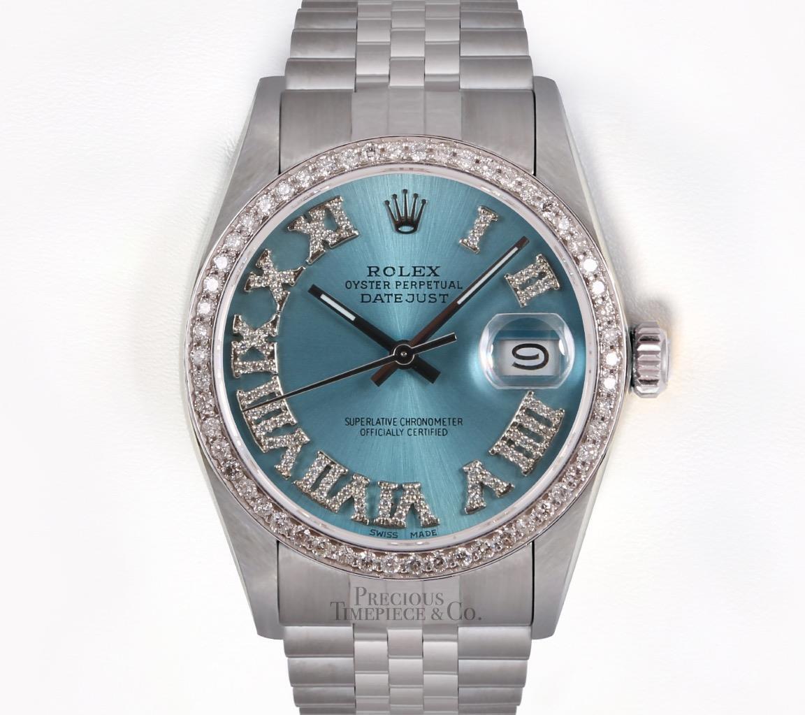 Rolex Datejust Stainless Steel 36mm-Ice Blue Roman Diamond Dial-Diamond Bezel