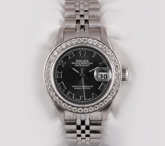 Rolex Ladies Datejust 26mm Stainless Steel Watch-Black Roman Dial-Diamond Bezel