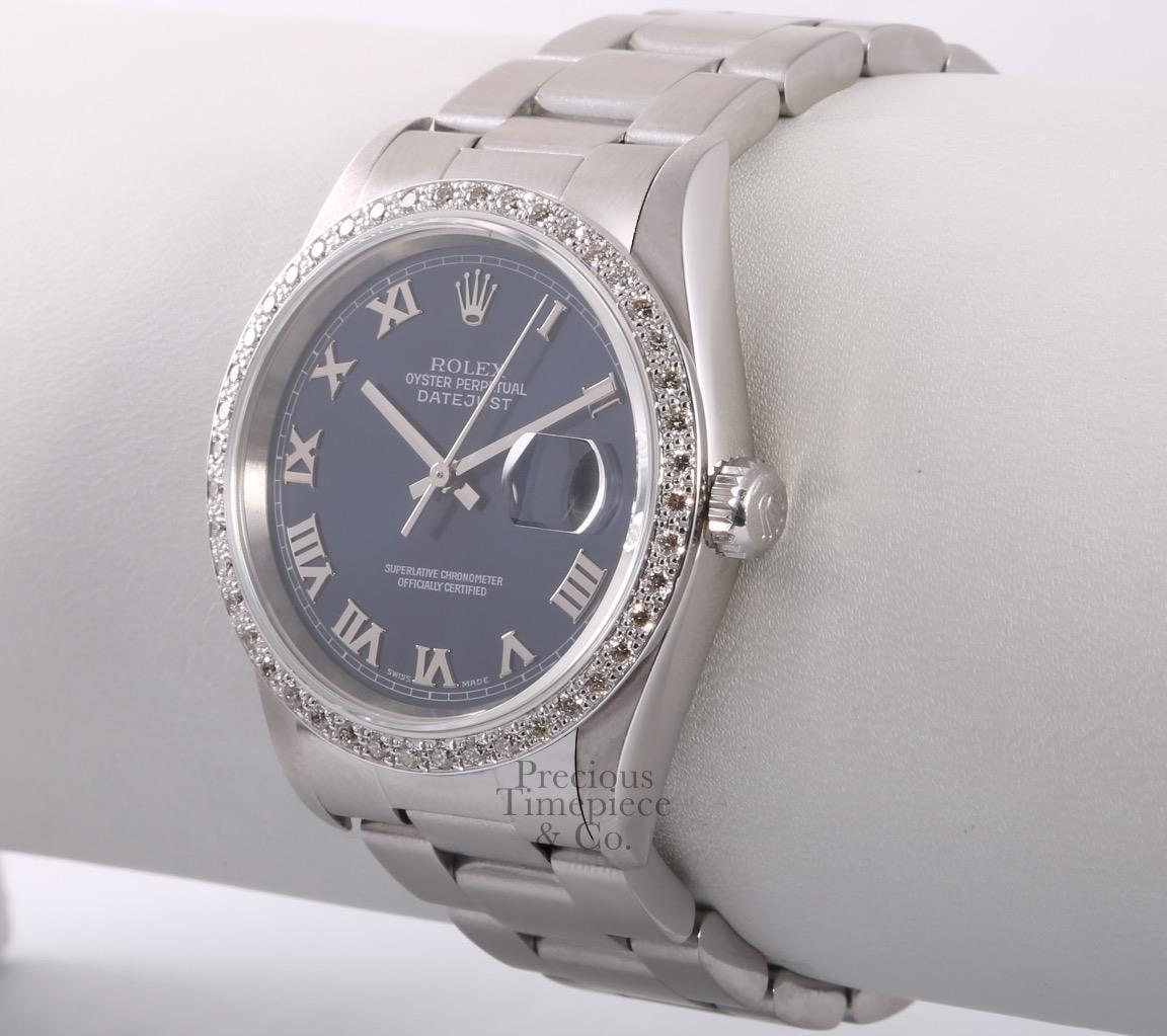 Rolex Datejust S/Steel 36mm Oyster Perpetual Watch-Navy Roman Dial-Diamond Bezel