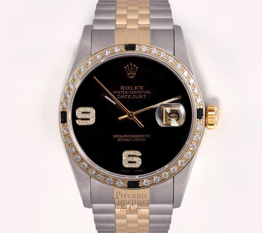 Rolex Datejust Two Tone 36mm Black Gem Diamond 18k Bezel-Diamond 6&9 Onyx Dial