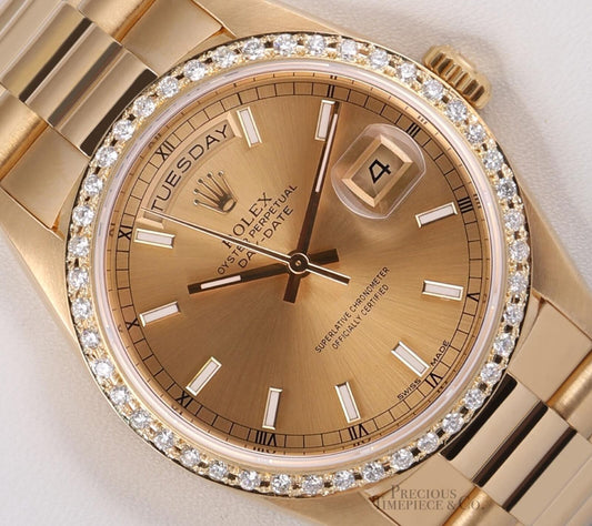 Rolex Day-Date 18038 Presidential 18k Diamond Bezel 36mm-Champagne Stick Dial