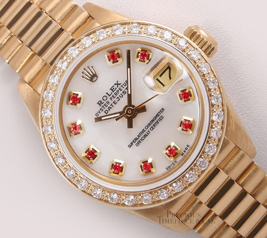Rolex President Lady 18k Watch-Diamond Bezel-White MOP Ruby Diamond Dial-26mm