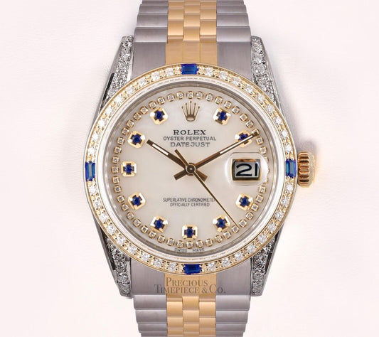 Rolex Datejust 36mm TT-White MOP Sapphire String Dial-Diamond Bezel-Diamond Lugs