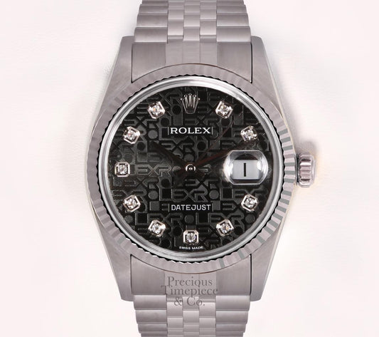 Rolex Men Datejust SS 36mm-Black Jubilee Diamond Dial-18k Fluted Bezel