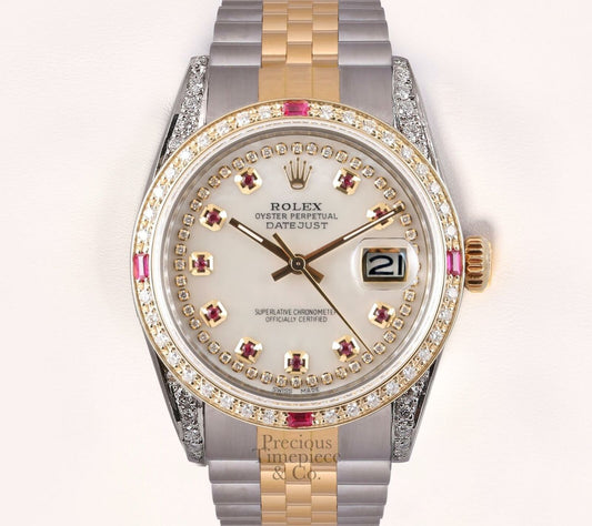 Rolex Datejust 36mm 18k TT/SS-White MOP Ruby String Diamond Dial-Ruby Bezel-Lugs