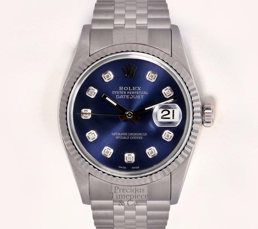 Rolex Datejust Stainless Steel 36mm Watch-Navy Diamond Dial-18k Fluted Bezel-Box