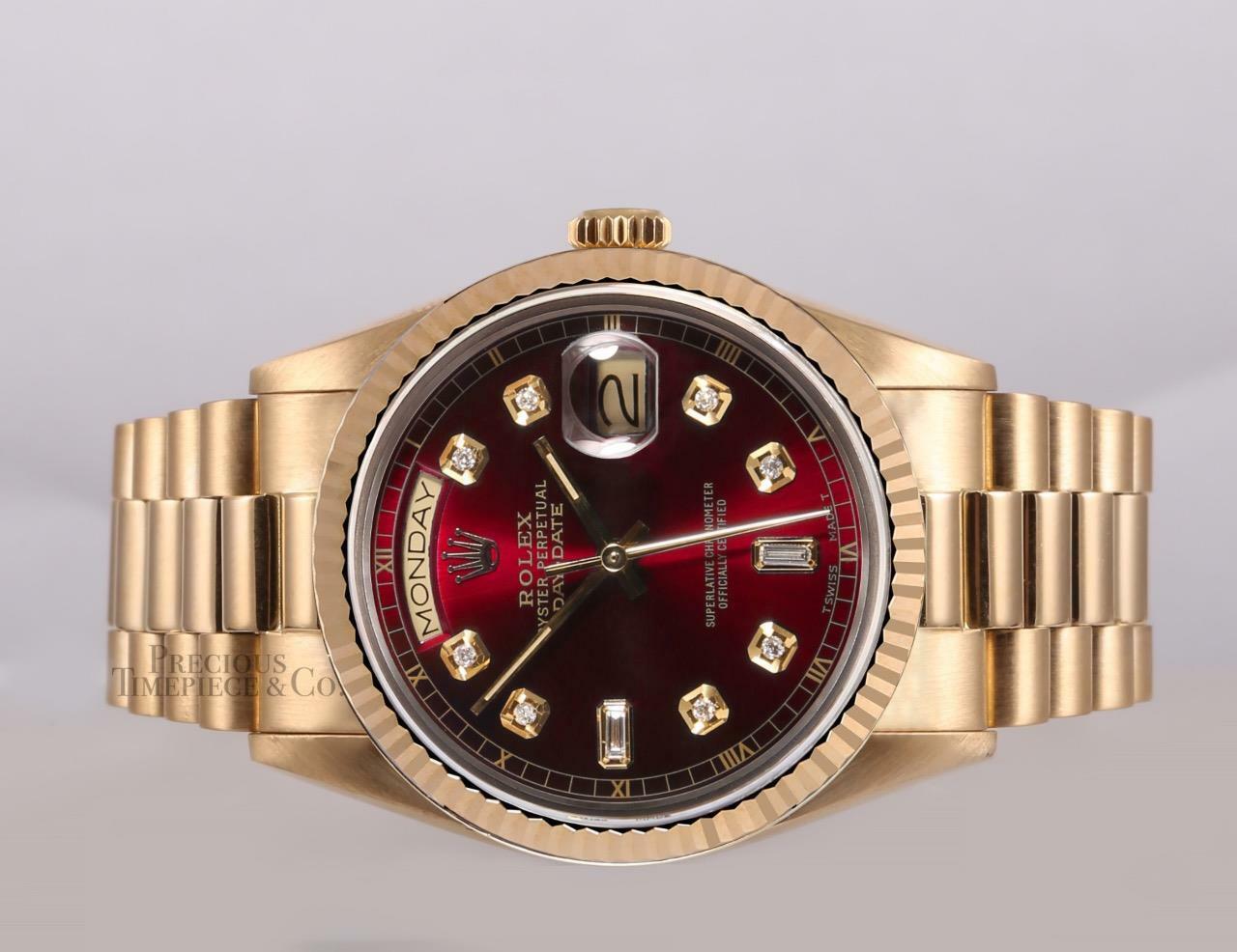 Rolex Men Day-Date 18038 President 36mm 18k Gold Watch-Red Baguette Diamond Dial