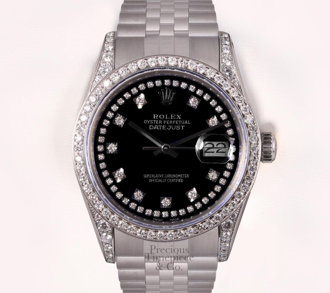 Rolex Datejust S/Steel 36mm-Diamond String Black Dial-Diamond Lugs-Diamond Bezel