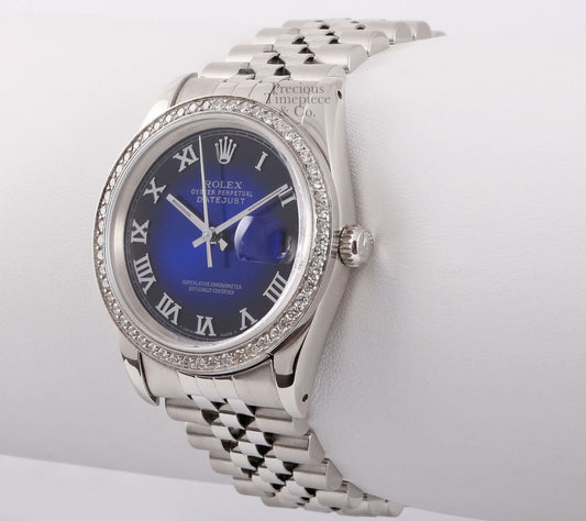 Rolex Men Datejust 36mm S/Steel Watch-Blue Vignette Roman Dial-Diamond Bezel