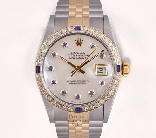 Rolex Men Datejust 36mm Steel 18k Sapphire Diamond Bezel-White MOP Sapphire Dial