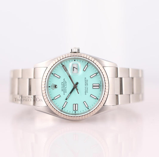 Rolex Datejust Steel 36mm-Custom Turquoise Blue Stick Dial-Fluted Bezel