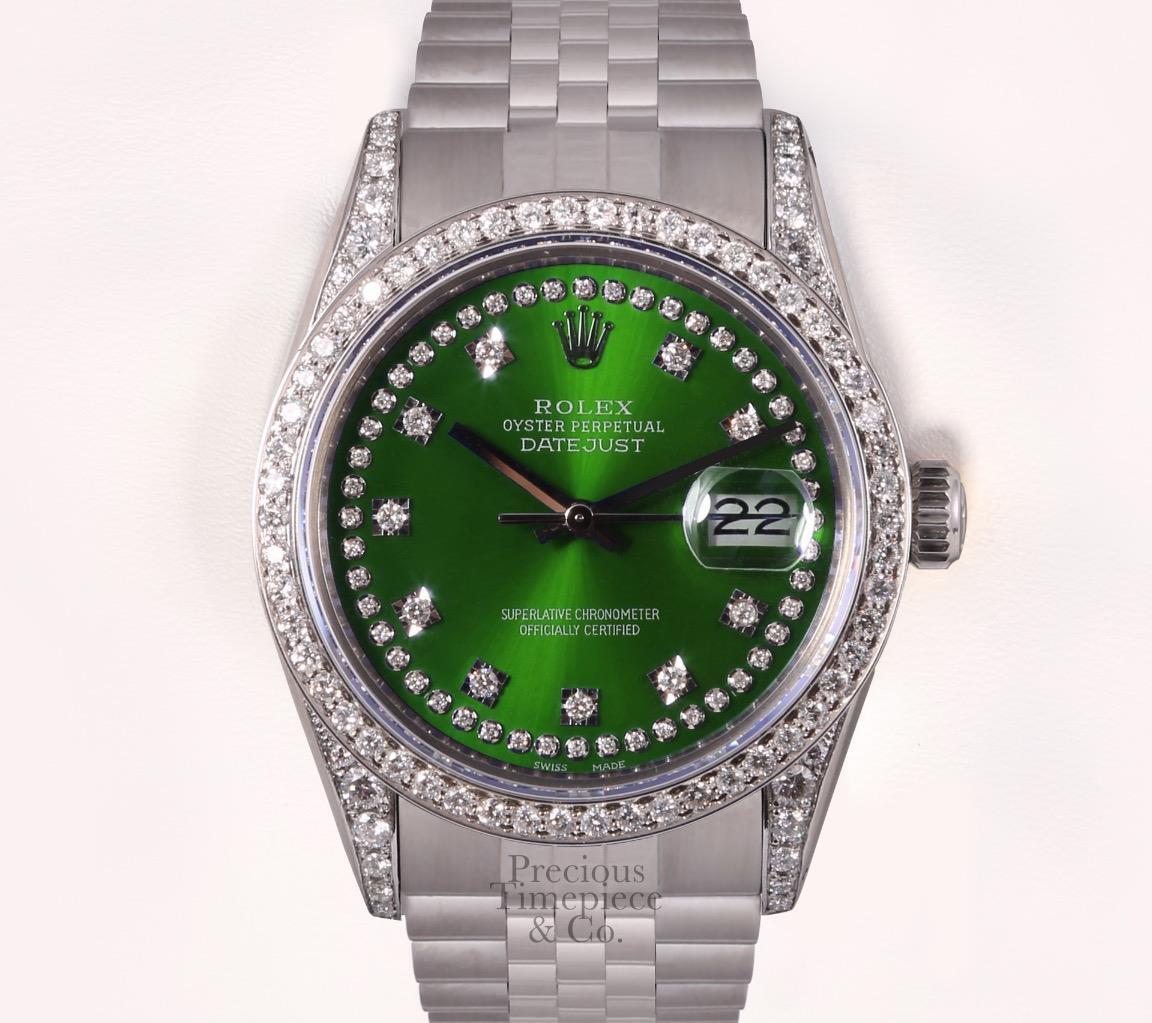 Rolex Datejust S/Steel 36mm-Green String Diamond Dial-Diamond Lugs-Diamond Bezel