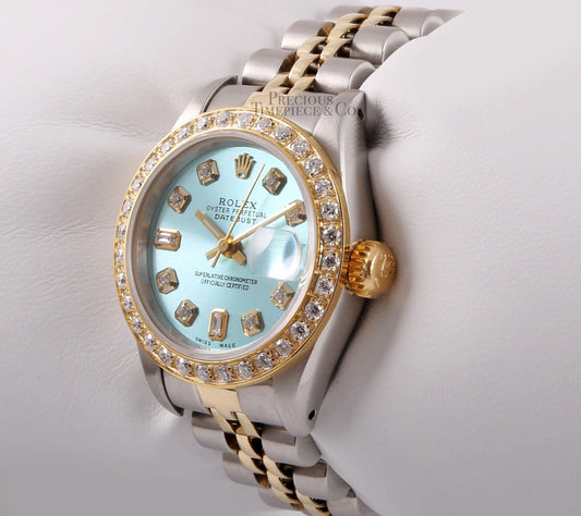 Rolex Ladies Datejust 26mm Two Tone 18k Gold Diamond Bezel Ice Blue Diamond Dial