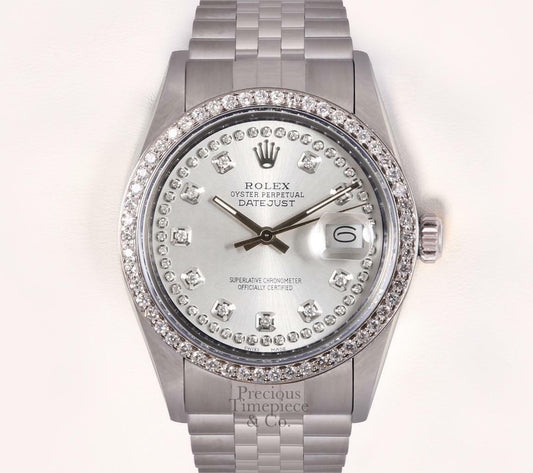 Rolex Datejust 36mm Stainless Steel Silver String Diamond Dial-Diamond Bezel-BOX