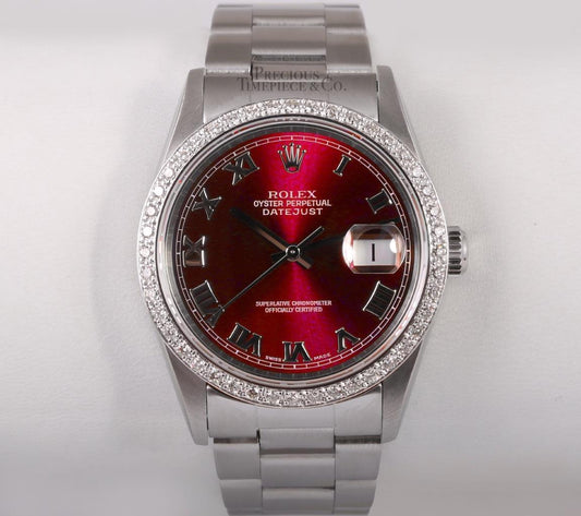 Rolex Datejust Stainless Steel 36mm Oyster Watch-Red Roman Dial-Diamond Bezel