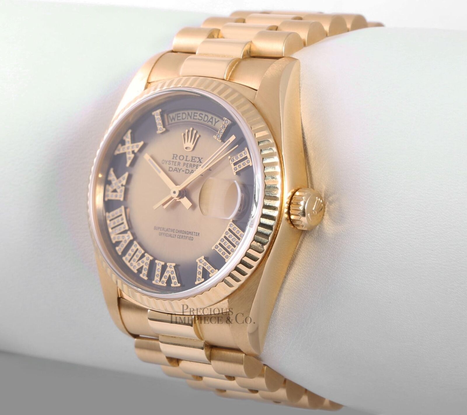 Rolex 36mm Day-Date 18038- 18k Gold Fluted Bezel-Champagne Vignette Roman Dial