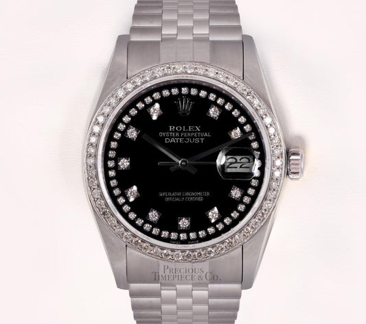 Rolex Men Datejust 36mm Stainless Steel Black String Diamond Dial-Diamond Bezel