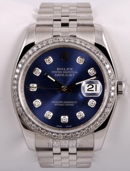 Rolex Men Datejust SS 36mm Jubilee-Diamond Bezel-Navy Diamond Dial