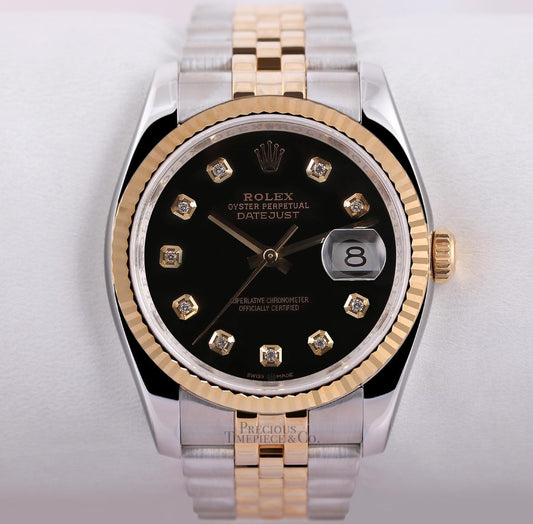 Rolex Datejust 116233 Two Tone Jubilee 36mm 18k Fluted Bezel Black Diamond Dial