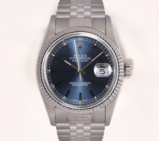 Rolex Men Datejust SS 36mm No-Hole Steel 18k Fluted Bezel Navy Stick Dial